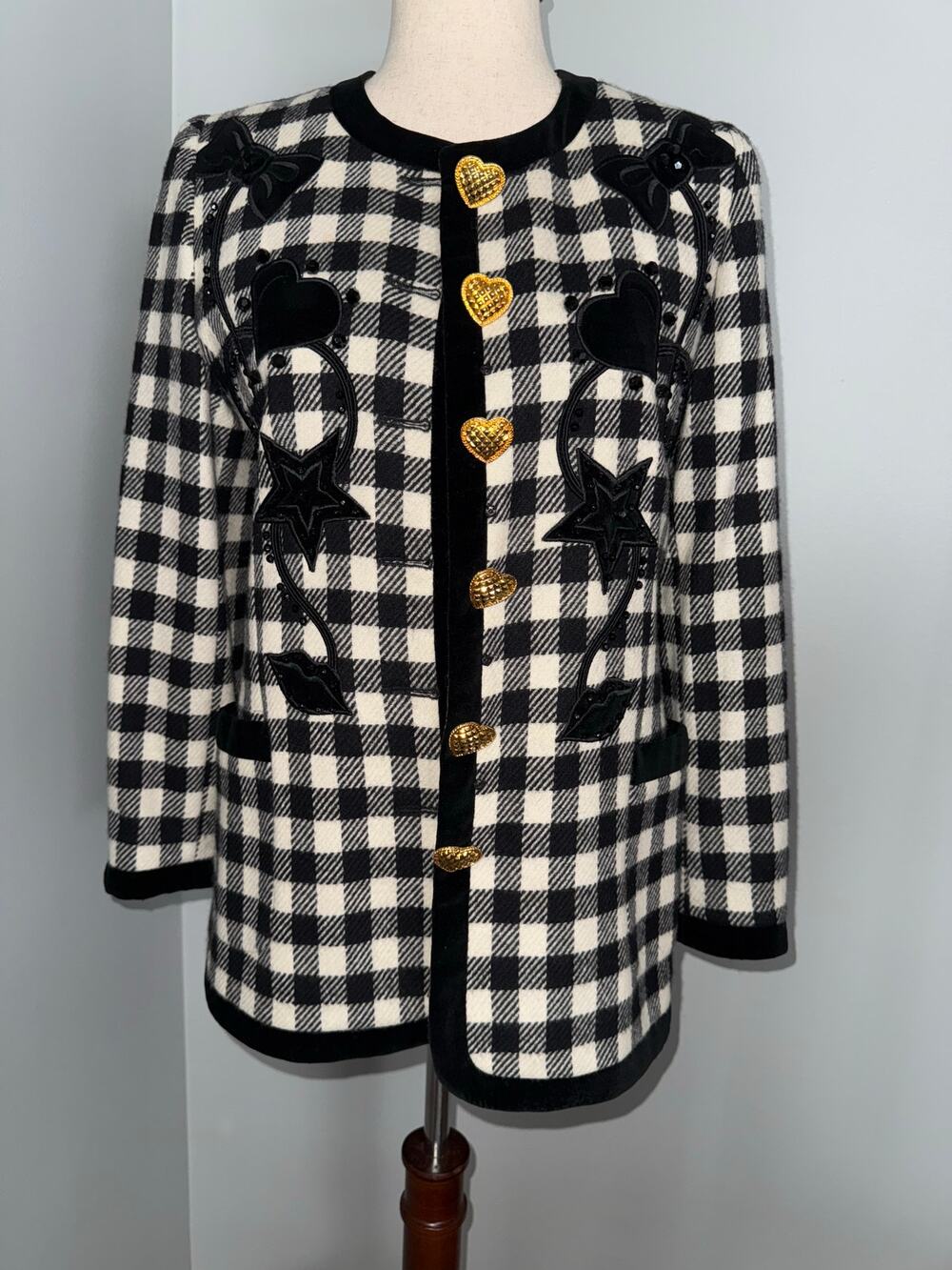 Vintage ESCADA Black & White Gingham Wool Blazer Heart Button Embellished Jacket